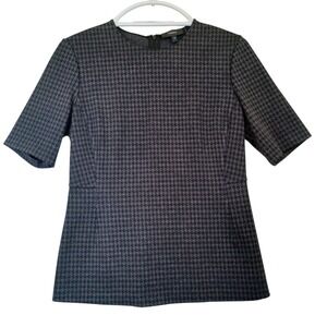 Theory Houndstooth Knit Top Fitted Short Sleeve Zipper Black‎ Grey Women's M